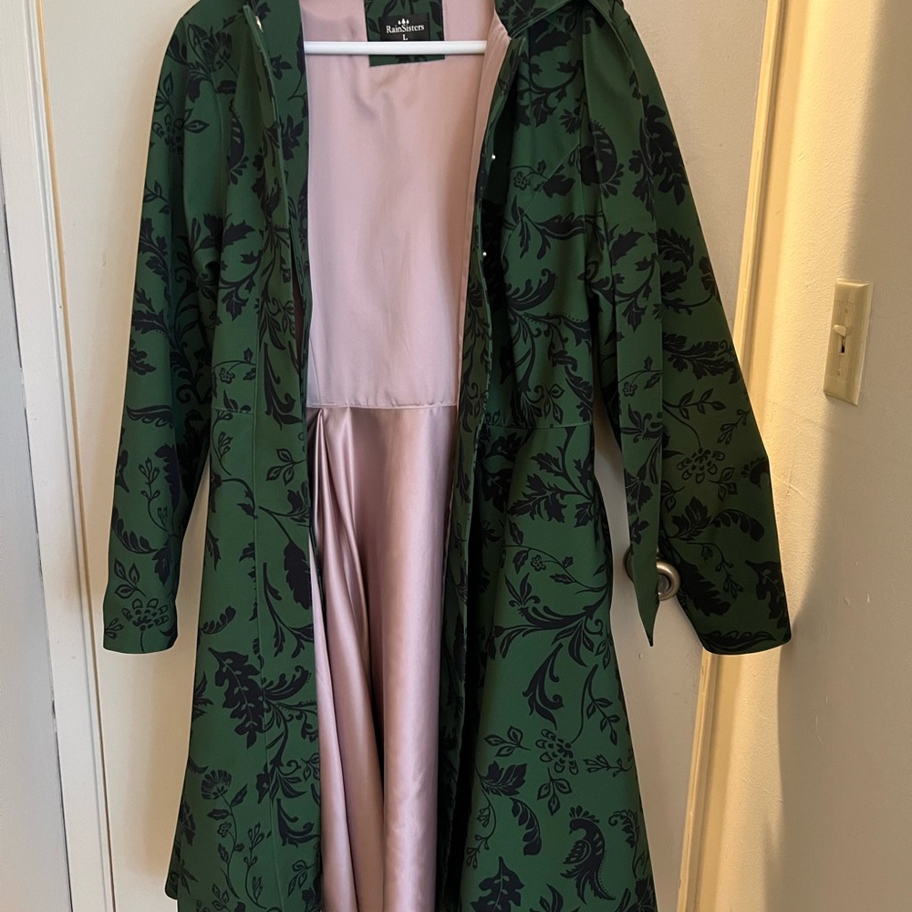 Rainsisters Fit and Flare coat w/ pleated skirt in green and black Forest Flower